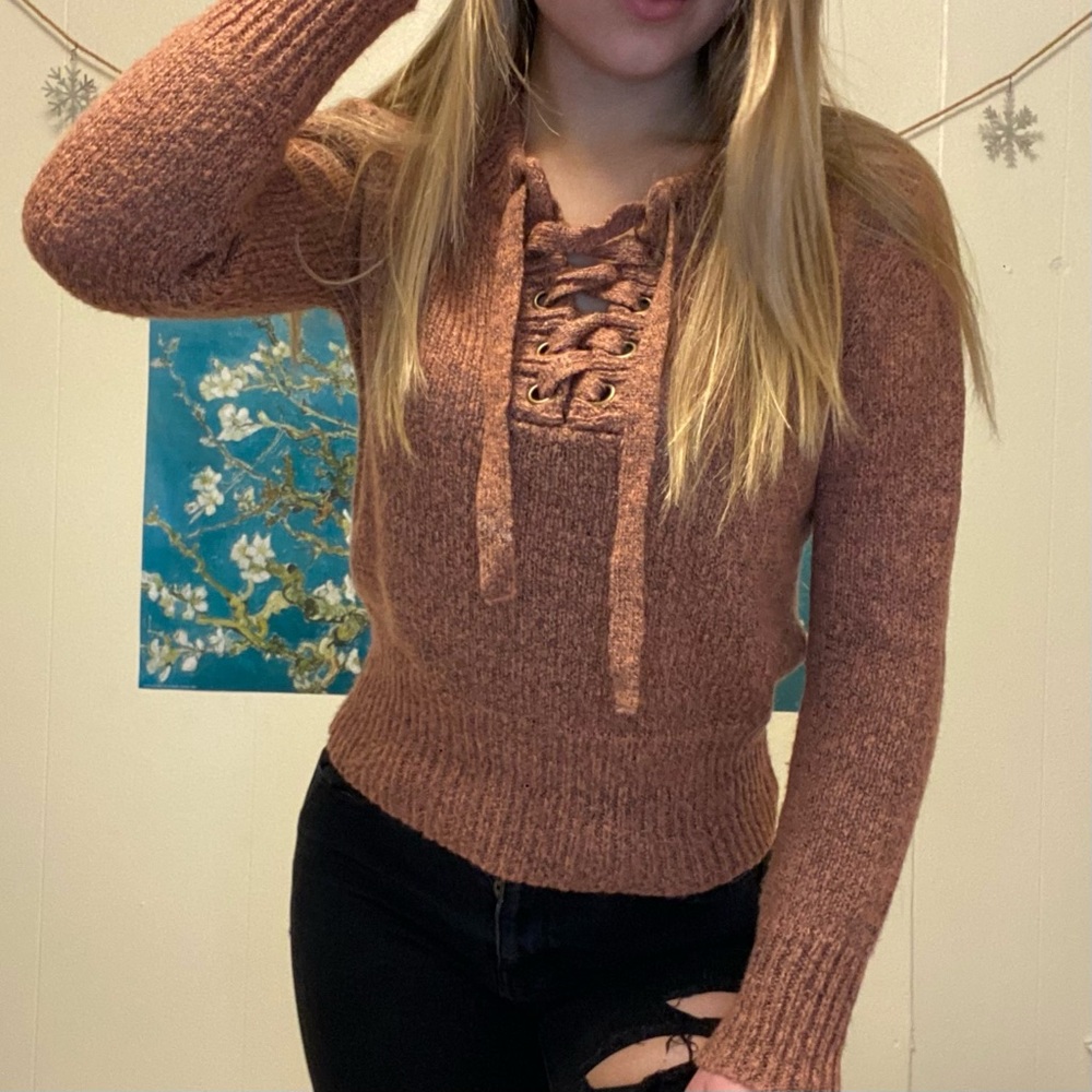 Love Tree Lace-Up Neckline Pink Sweater
